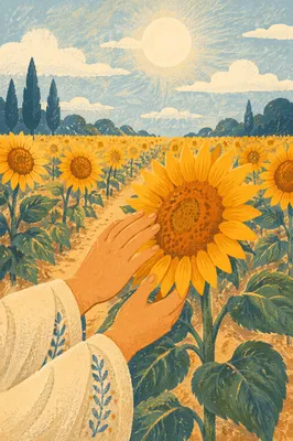 Sunlit Sunflower Field with Gentle Hands