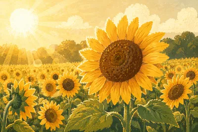 Sunlit Summer Sunflower Field Close-Up