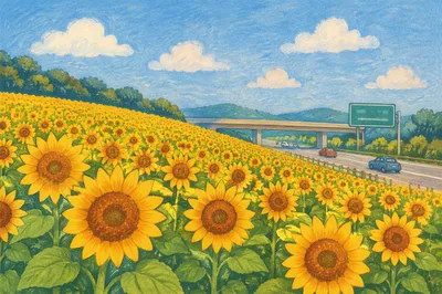 Sunny Sunflower Field by Rural Highway
