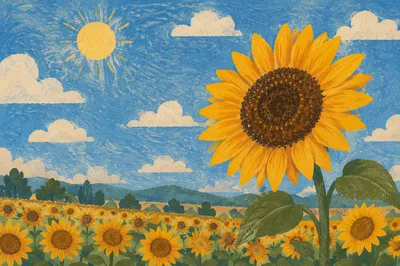 Bright Summer Sunflower Field Under Blue Sky