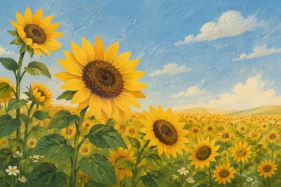 Bright Summer Sunflower Field Under Blue Sky