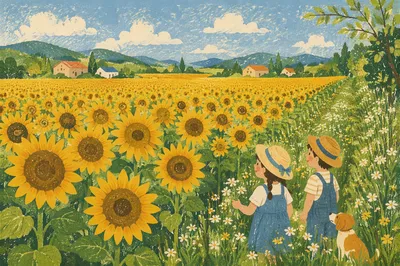 Sunny Summer Sunflower Field in Countryside
