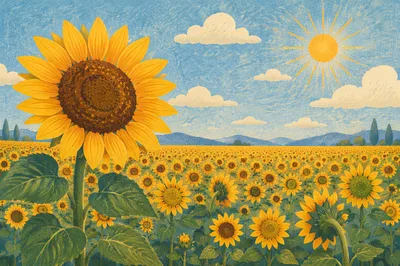 Bright Summer Sunflower Field Under Blue Sky