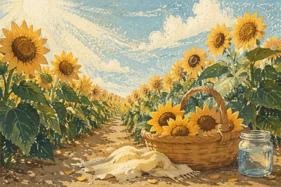 Sunny Sunflower Field with Harvest Basket