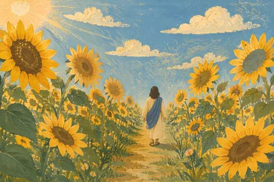 Sunny Sunflower Field Path at Golden Hour