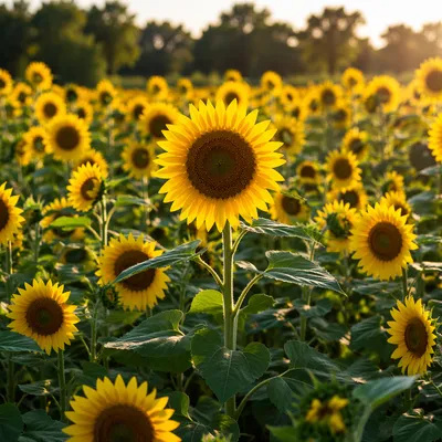 Sunny Summer Sunflower Field at Golden Hour
