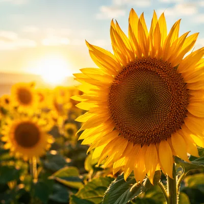 Bright Summer Sunflower Field Close-Up