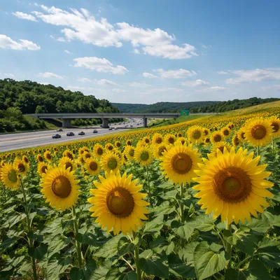 Bright Summer Sunflower Field by Highway