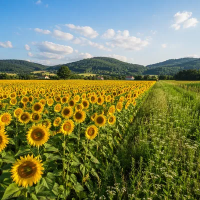 Sunny Summer Sunflower Field in Countryside