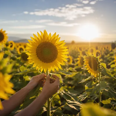 Sunlit Sunflower Field With Grateful Hands