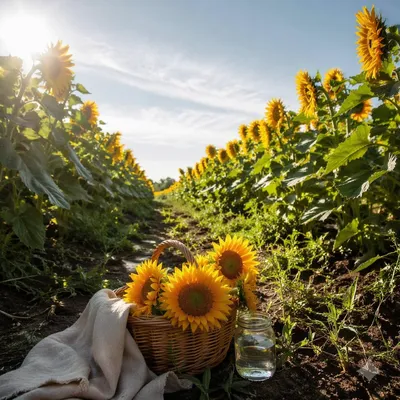 Sunny Summer Sunflower Field with Basket