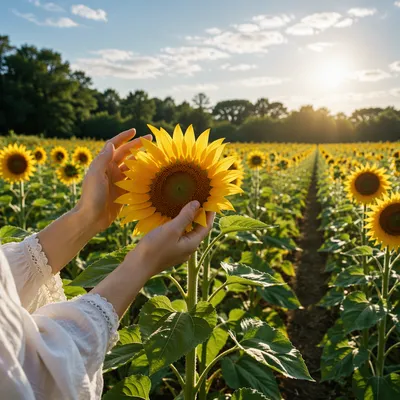 Hands Touching Sunflower in Summer Field