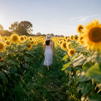 Sunny Sunflower Field Path at Golden Hour