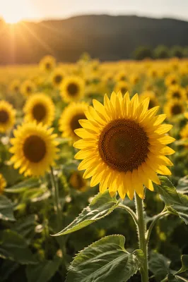 Sunlit Summer Sunflower Field Close Up