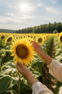Hands Touching Sunflower in Summer Field