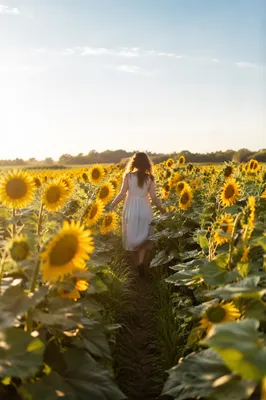 Sunny Sunflower Field Path at Golden Hour