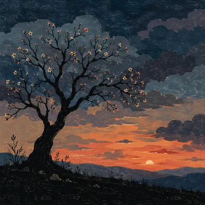 Silhouetted Wildflower Tree at Dramatic Sunset