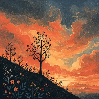 Flowering Tree Silhouette at Dramatic Sunset