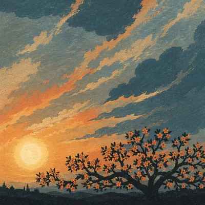 Flowering Tree Silhouette Under Dramatic Sunset Sky