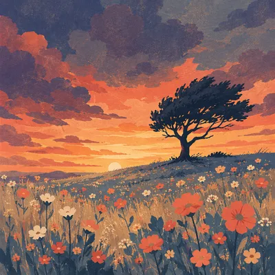 Tree Silhouette Over Wildflower Sunset Sky