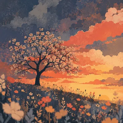 Flowering Tree Silhouette at Dramatic Sunset