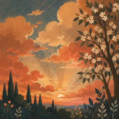 Flowering Tree Silhouette at Golden Sunset