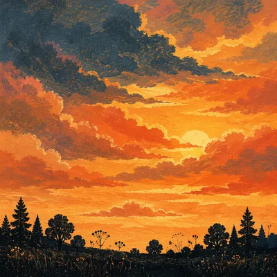 Dramatic Sunset Over Tree Silhouette Meadow