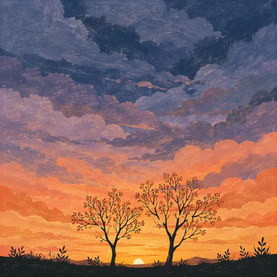 Flowering Tree Silhouettes at Dramatic Sunset
