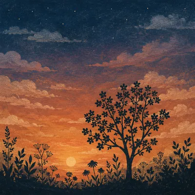 Flowering Tree Silhouette Under Dramatic Sunset Sky