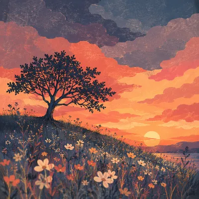 Lone Tree Silhouette Over Sunset Wildflowers