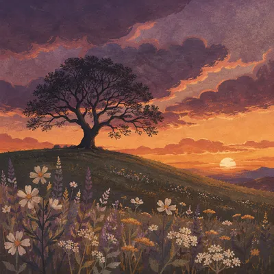 Lone Tree Silhouette Over Sunset Wildflower Meadow