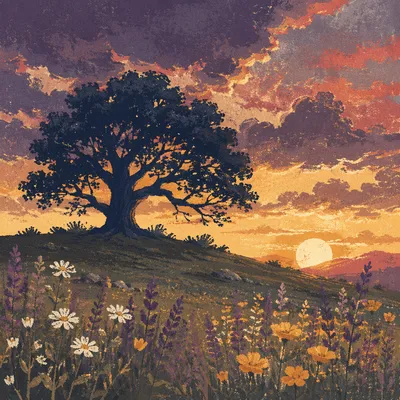 Solitary Tree Silhouette Over Wildflower Sunset