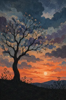 Wildflower Tree Silhouette at Dramatic Sunset