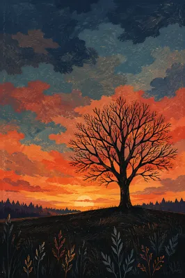 Solitary Tree Silhouette at Dramatic Sunset