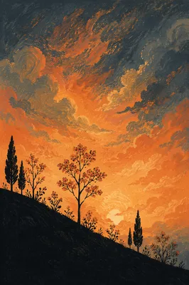 Flowering Tree Silhouette Beneath Dramatic Sunset Sky