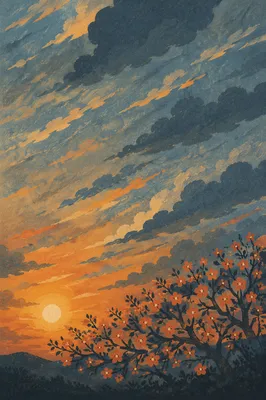 Flowering Tree Silhouette Under Dramatic Sunset Sky
