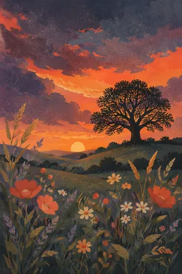 Tree Silhouette Over Wildflower Sunset Sky