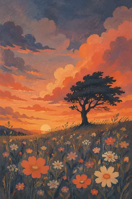 Tree Silhouette at Sunset Over Wildflowers