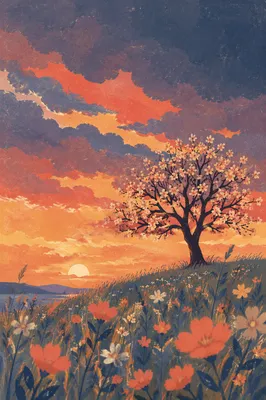 Flowering Tree Silhouette at Dramatic Sunset