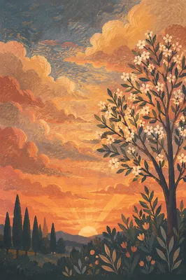 Flowering Tree Silhouette at Golden Sunset