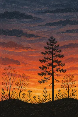 Tree Silhouettes Over Sunset Wildflower Meadow