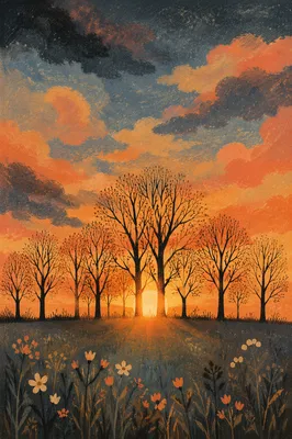 Dramatic Sunset Tree Silhouettes with Meadow Flowers