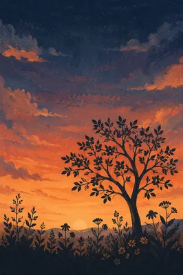 Flowering Tree Silhouette Under Dramatic Sunset Sky