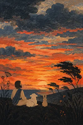 Dramatic Sunset Trees with Wildflower Silhouettes