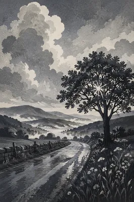 Silhouetted Tree at Misty Sunset Road