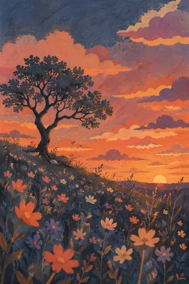 Lone Tree Silhouette Over Sunset Wildflowers