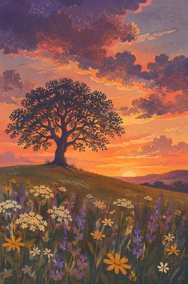 Lone Tree Silhouette Over Wildflower Sunset Meadow