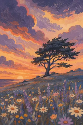 Silhouetted Tree Over Sunset Wildflower Meadow