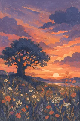 Silhouetted Tree Over Sunset Wildflower Meadow