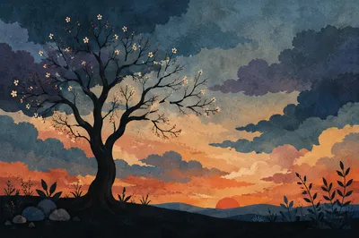 Wildflower Tree Silhouette at Dramatic Sunset